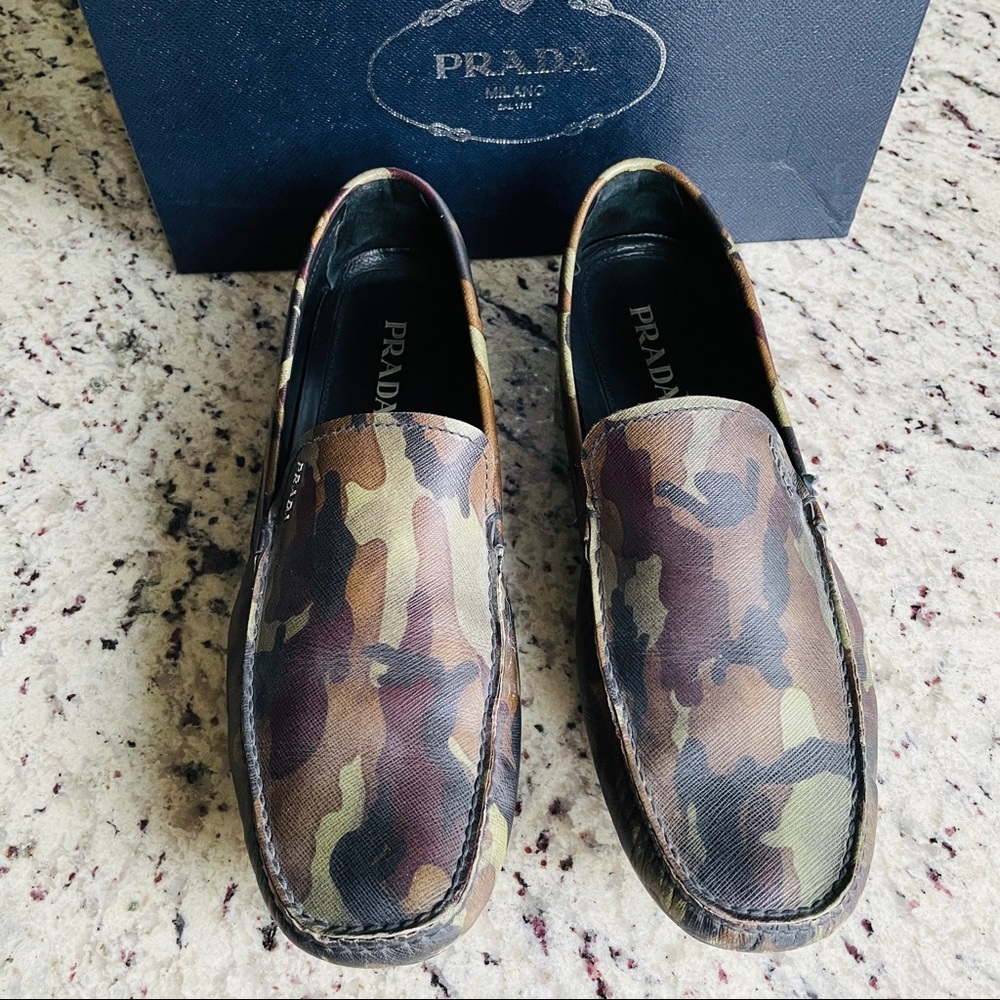 RUNWAY PRADA GREEN CAMO PRINT LEATHER CAMOUFLAGE SLOAFERS MENS SHOES (No Box)